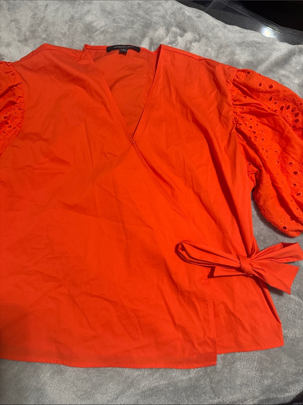 Women's Orange Eyelet Puff-Sleeve Wrap Blouse